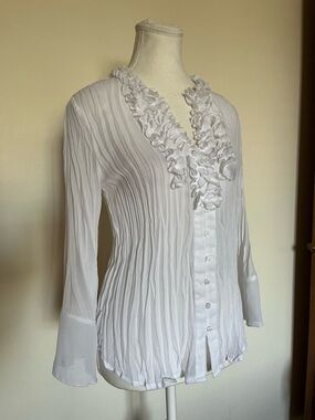 Sunny Leigh White Ruffled Pleated Button-Down Blouse